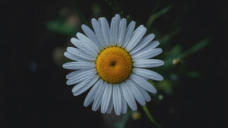 White daisy flower with water drops on petals on dark backgroundの素材