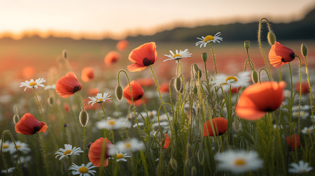 Beautiful poppies and daisies in the field at sunsetの素材