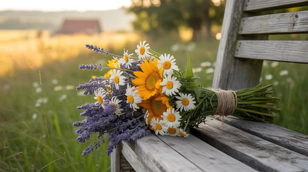 Bouquet of daisies and lavender on a wooden benchの素材