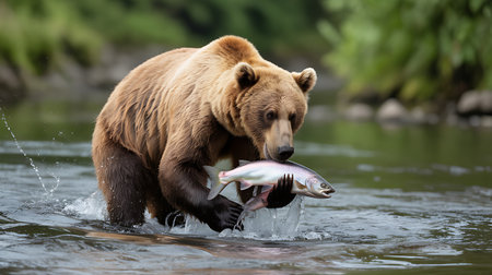Grizzly bear chasing a salmon in the water. Kamchatkaの素材