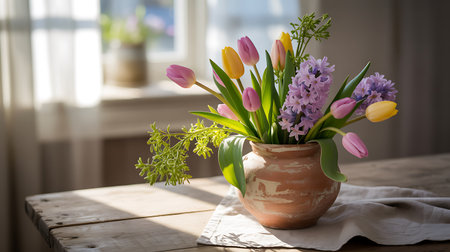 Bouquet of tulips and hyacinths in a vase on the tableの素材