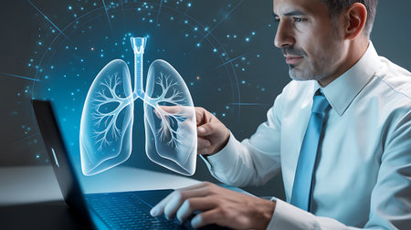 Handsome young businessman working on laptop with lungs hologram. Medicine conceptの素材
