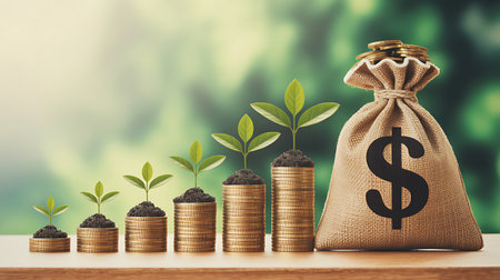 Money bag with coins and plant on wooden table over green bokeh backgroundの素材