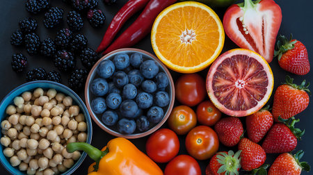 Healthy food background. Fresh fruits and vegetables on black background.の素材