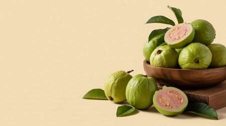 Fresh guava fruit in wooden bowl with green leaf on yellow backgroundの素材
