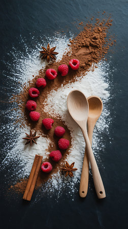 Spoon with fresh raspberries and cocoa powder on black backgroundの素材