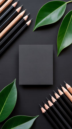 Creative layout made of black pencils and green leaves on black background. Flat lay, top view, copy spaceの素材