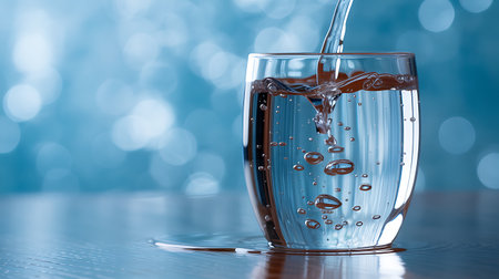 Pouring water into glass on blue bokeh background, closeupの素材