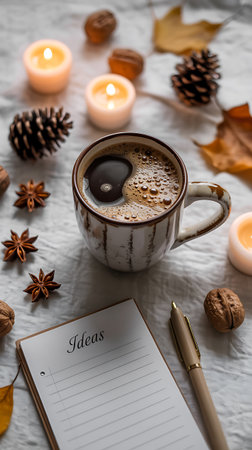 Cup of coffee, notebook, candles, nuts and autumn leaves on white backgroundの素材