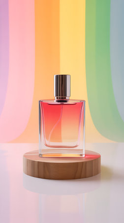 Perfume bottle on a colorful background. 3d illustration.の素材