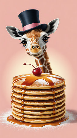 Illustration of a giraffe in top hat with pancakes and cherryの素材