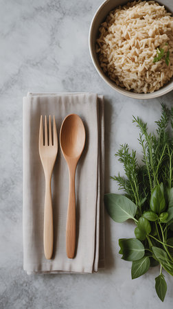 top view of wooden spoon, fork and plate with fresh herbsle tableの素材