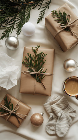 Christmas or New Year composition. Gifts, Christmas tree branches, cup of coffee on white background. Flat lay, top viewの素材
