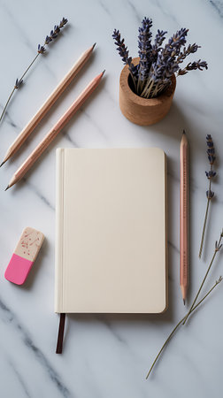 Blank notebook with pencils and lavender flowersle backgroundの素材