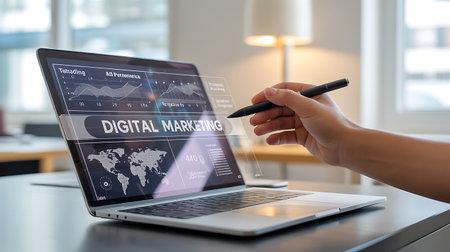 Digital Marketing (Digital Marketing) on the screen. Business and technology concept.の素材