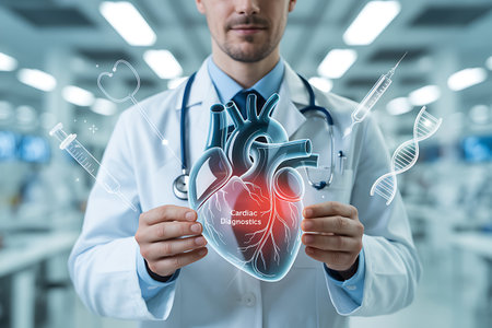 Close up of male doctor holding heart with stethoscope on blurred backgroundの素材