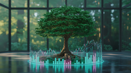 3d rendering of green tree with financial chart in the room.の素材