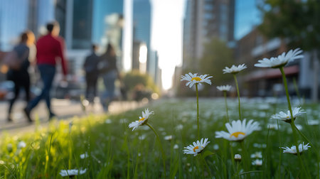 White daisies in the green grass on the background of skyscrapersの素材