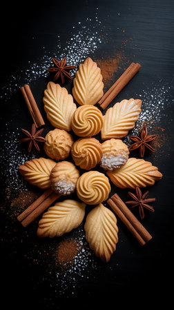 cookies with cinnamon and star anise on a black background. tinting. selective focusの素材