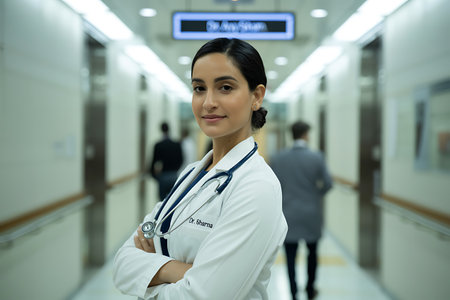Portrait of a female doctor with stethoscope in hospital corridorの素材