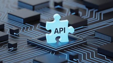 3d illustration of puzzle piece on circuit board with text API. Software development conceptの素材