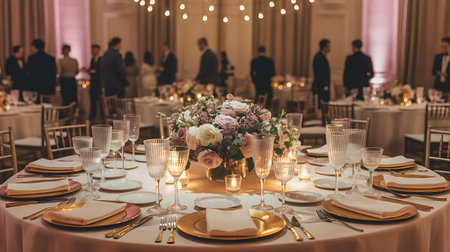 Wedding Banquet Table Decorated with Tableware and Flowersの素材