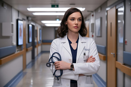 Portrait of confident female doctor standing with arms crossed in hospital corridorの素材