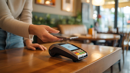 Closeup of woman using credit card reader to pay for food in cafeの素材