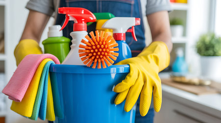 cropped shot of woman in rubber gloves holding bucket with cleaning suppliesの素材
