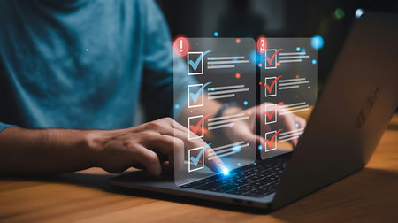 Man using laptop with checklist on screen. Business and technology concept.の素材