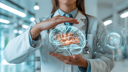 Female doctor holding a glowing human brain in her hands. 3D renderingの素材