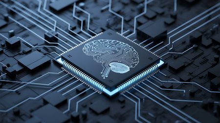 Artificial intelligence concept with human brain on circuit board. 3D renderingの素材