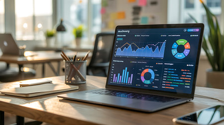laptop with financial charts on screen at workplace in office, closeupの素材
