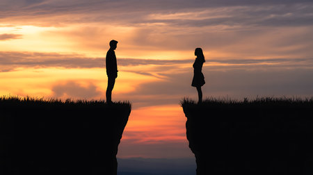 Silhouette of a man and a woman standing on the edge of a cliff at sunsetの素材