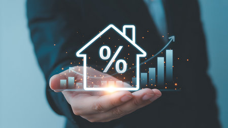 Businessman hand holding house icon with percent sign. Real estate concept.の素材