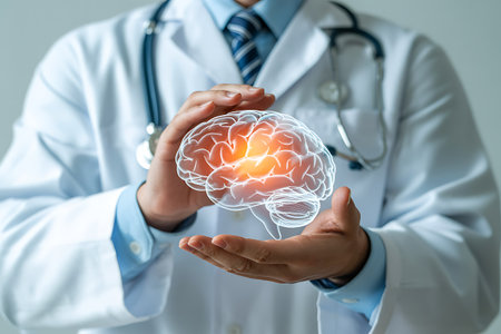 Close up of male doctor holding brain in hands. Medicine and healthcare conceptの素材