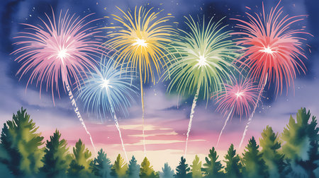 Fireworks summer sky background with pine forest and firework. Vector illustration.の素材