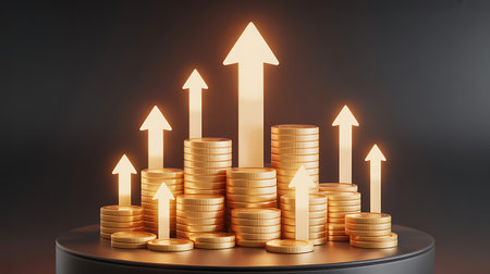 Golden coins stacks with arrow up on dark background. Business growth concept. 3D Renderingの素材