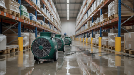 Large warehouse of a large industrial plant with shelves and racks full of goodsの素材