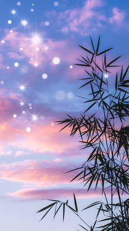 Bamboo leaves against purple and blue sky with white clouds and starsの素材
