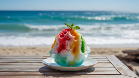 Mango ice cream in a bowl on the beach with sea backgroundの素材