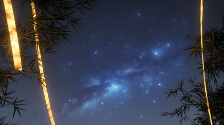 Bamboo and milky way in the night sky. 3d renderingの素材