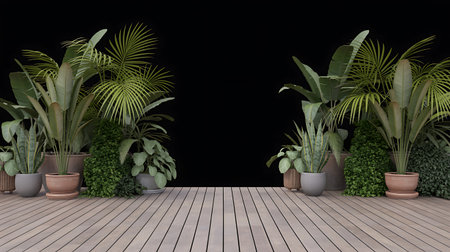 3d render of a wooden terrace with tropical plants on a black backgroundの素材