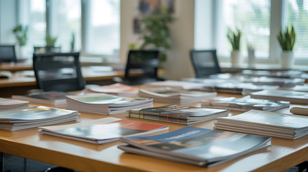 Books on the table in the library. Selective focus and shallow depth of field.の素材