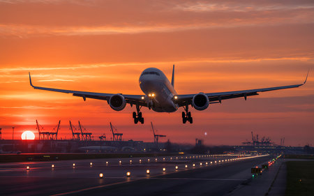 Airplane landing at the airport on the background of the setting sunの素材
