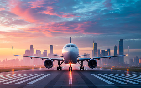 Airplane on the runway with cityscape and sunset sky background.の素材