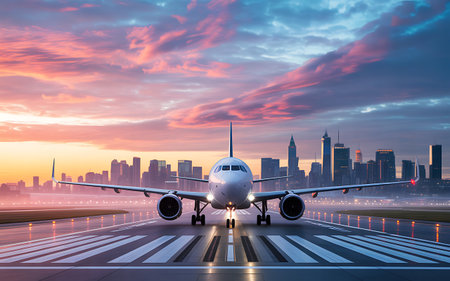 Airplane on the runway with cityscape in the background at sunsetの素材