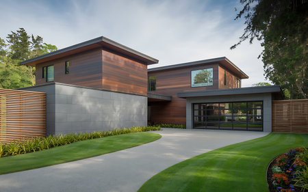 3d rendering of modern cozy house with garage and pool for sale or rent with wood plank facade. Clear sunny summer day with blue sky.の素材