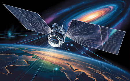Satellite in space. 3D rendering. Elements of this image furnished by NASAの素材