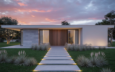 3d rendering of modern cozy house with garage for sale or rent with beautiful landscaping on background. Clear summer evening with golden light from windows.の素材